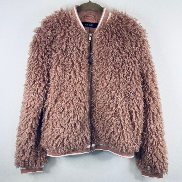 Zara Basic Dusty Pink Mauve Faux Fur Teddy Boho Bomber Jacket Size XS - Picture 4 of 15